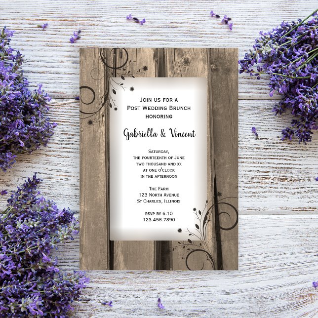 Convite Brunch de casamento rústico country em madeira de  (Invite guests to your day after celebration with this rustic post wedding brunch invitation.)