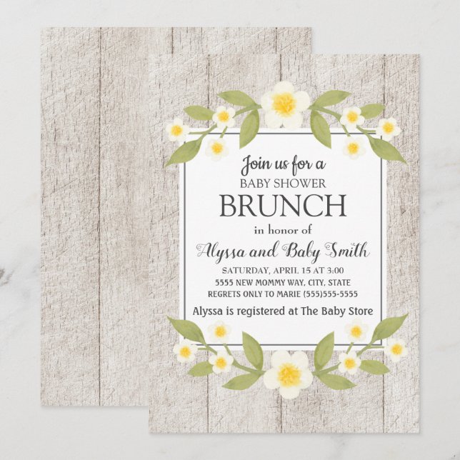Convite Brunch de Chá de Bebê Floral Branco de Madeira Rús (Frente/Verso)