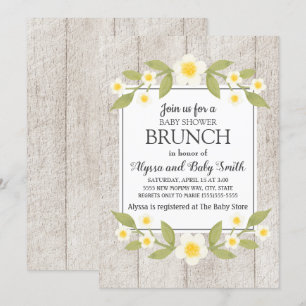 Convite Brunch de Chá de Bebê Floral Branco de Madeira Rús