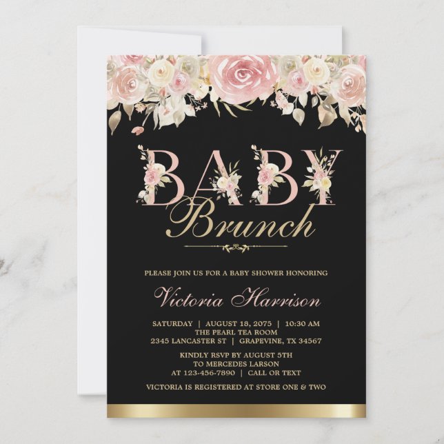 Convite Brunch de Chá de Bebê Floral Rosa Elegante Preto e (Frente)