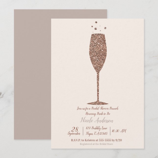 Convite Brunch de Chá de Panela com Espumante Rosé Dourado (Frente/Verso)
