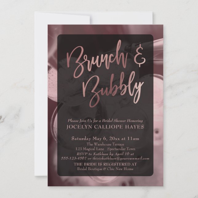 Convite Brunch de Champanhe em Rose Gold & Caligrafia de B (Frente)