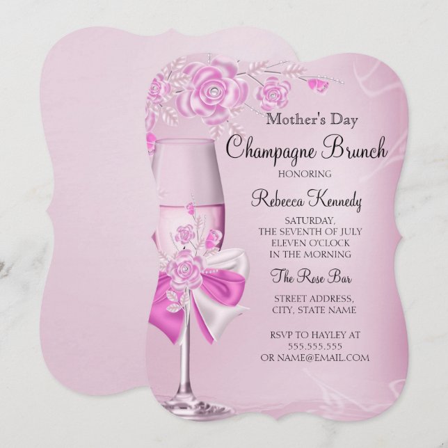 Convite Brunch de Champanhe Rosa Bonito do Dia das Mães (Frente/Verso)