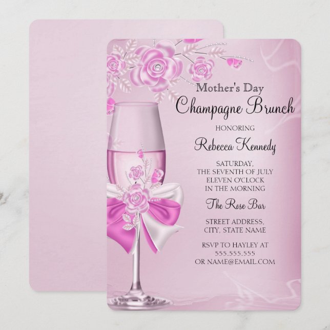 Convite Brunch de Champanhe Rosa Bonito do Dia das Mães (Frente/Verso)