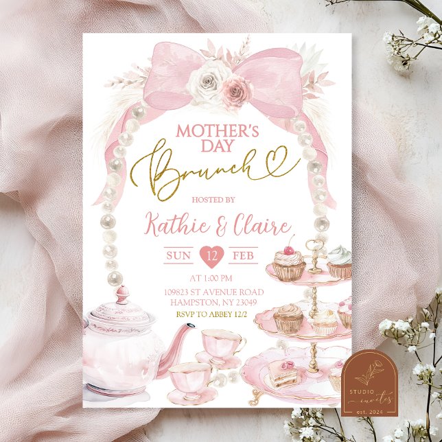 Convite Brunch de Cupcake do Dia das Mães com Laço Rosa Bo (Criador carregado)