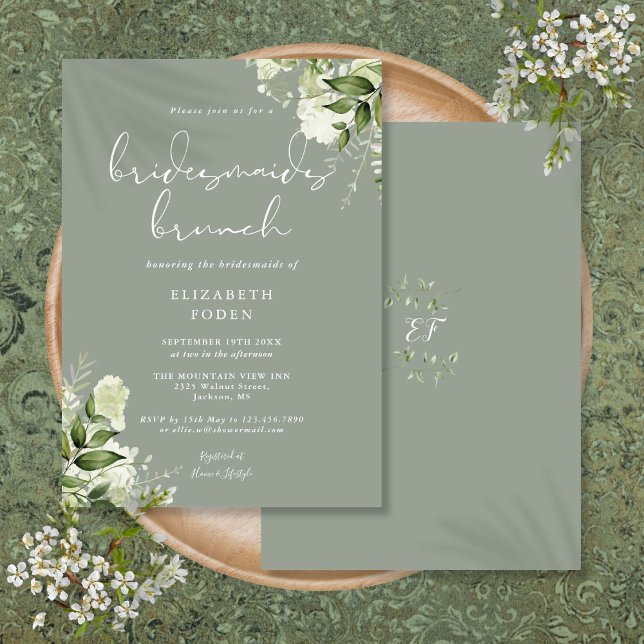 Convite Brunch de Damas de Honra Verde Floral Verde Sage (Greenery Floral Sage Green Bridesmaids Brunch Invitation)
