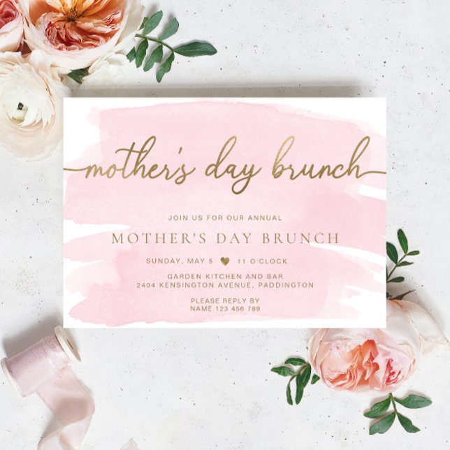 Convite Brunch de Dia de as mães de Aquarela Rosa (Mothers Day Brunch Invitation pink Watercolour Gold )
