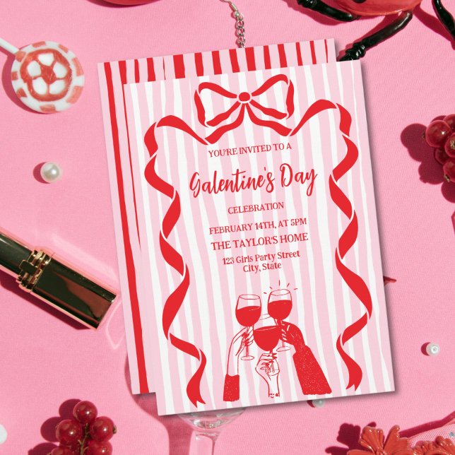 Convite Brunch de festa de Galentine's Day com coquetel ún (red and pink doodle galentine's cocktail party invitation)