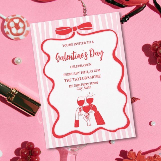 Convite Brunch de festa de Galentine's Day com coquetel ún (pink and red bow and red doodle champagne galentine's  party invitation)