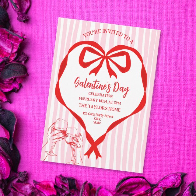 Convite Brunch de festa de Galentine's Day com coquetel ún (red and pink Galentine's party invitation with a heart shaped bow)