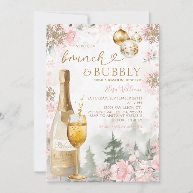 Convite Brunch de Flocos de Neve Rosa e Champanhe Bubbly (Frente)
