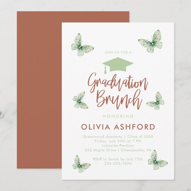 Convite Brunch de formatura floral verde trendy (Frente/Verso)