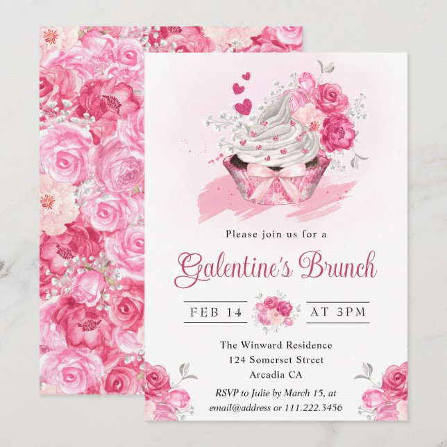 Convite Brunch de Galentine com Bolo e Flores em Aquarela (Frente/Verso)