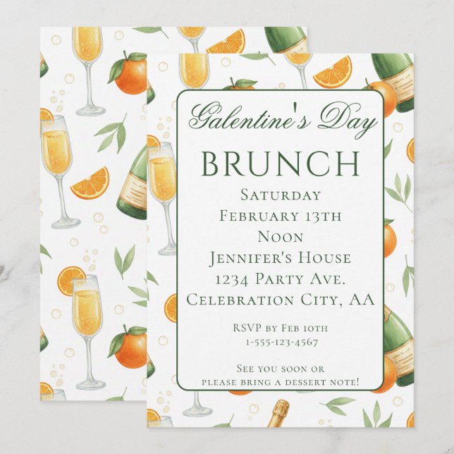 Convite Brunch de Galentines Day Mimosas Elegantes (Frente/Verso)