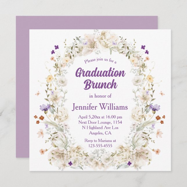 Convite brunch de graduação em roxo de jardim floral de aq (Frente/Verso)