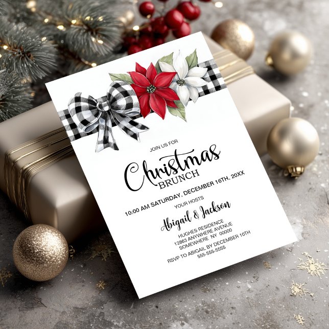 Convite Brunch de Natal com Xadrez de Búfalo e Poinsettia (Criador carregado)