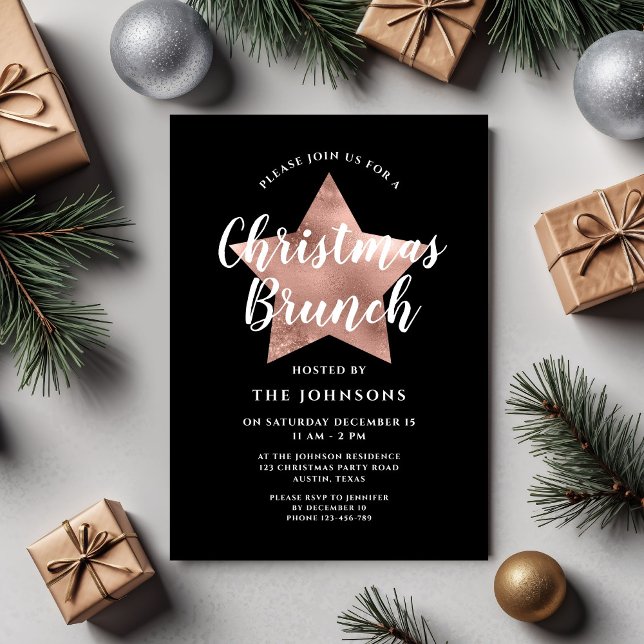 Convite Brunch de Natal da Estrela Dourada Rosa Negra (Black Rose Gold Star Christmas Brunch Invitation)