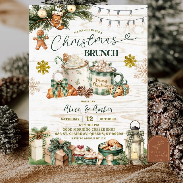 Convite Brunch de Natal Rústico em Xadrez Verde Salvia (Criador carregado)