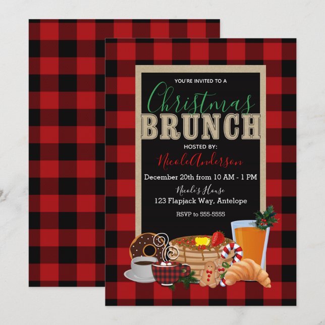 Convite Brunch de Natal Xadrez Preto Vermelho Rústico Búfa (Frente/Verso)