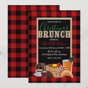 Convite Brunch de Natal Xadrez Preto Vermelho Rústico Búfa