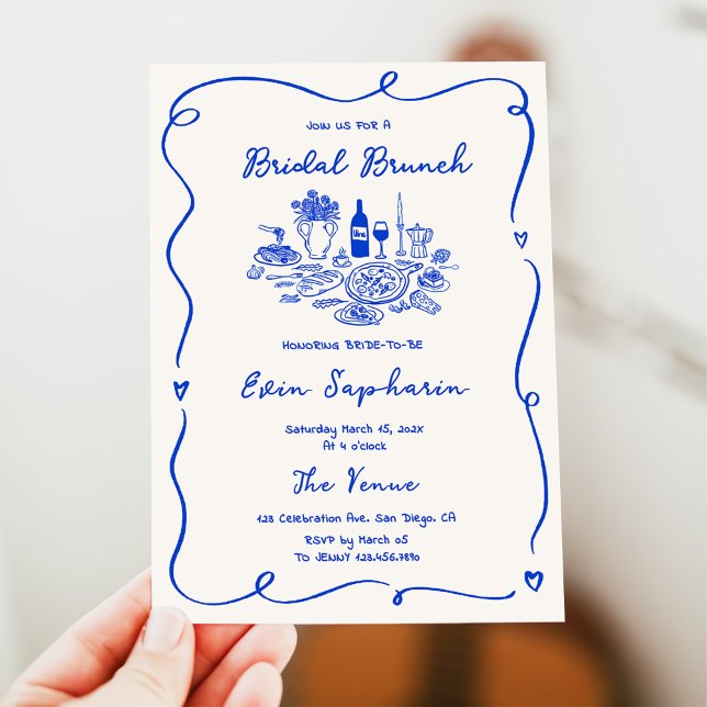 Convite Brunch de Noiva Azul Cobalto Desenhado à Mão (Criador carregado)