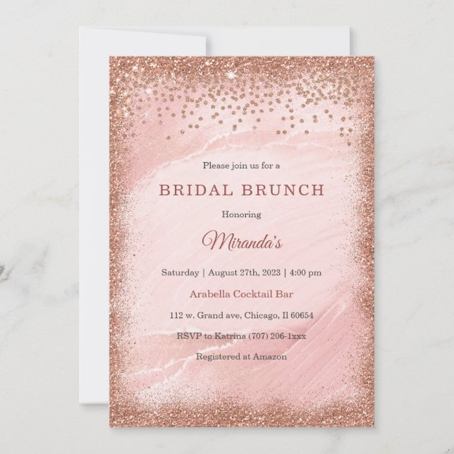 Convite Brunch de Noiva com Brilho em Dourado Rosa Persona (Frente)