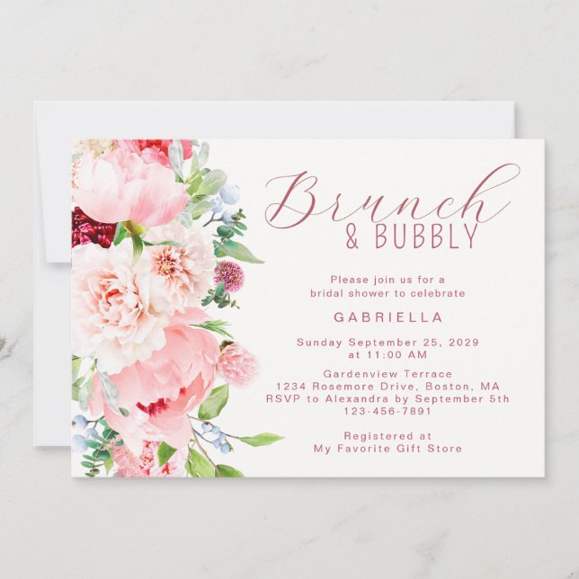 Convite Brunch de Noiva com Flores em Aquarela Rosa (Frente)