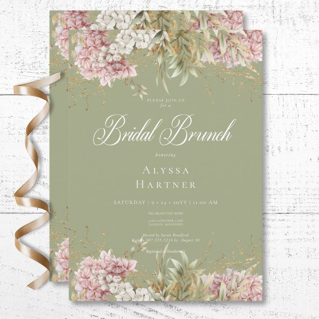 Convite Brunch de Noiva com Hortênsias Rosa e Branco Rústi (Rustic White & Pink Hydrangea Green Bridal Brunch Invitation)