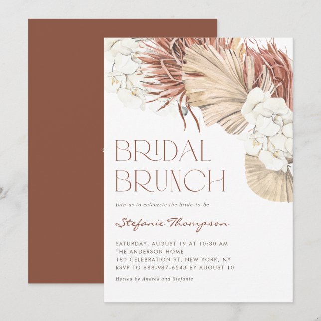 Convite Brunch de Noiva com Orquídeas Boho e Folhas de Pal (Frente/Verso)