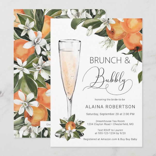 Convite Brunch de Noiva e Mimosa Flor de Laranjeira Bubbly (Frente/Verso)