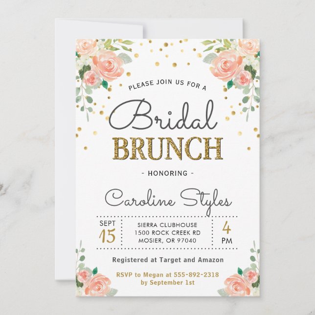 Convite Brunch de Noiva Elegante com Glitter Dourado de Pe (Frente)