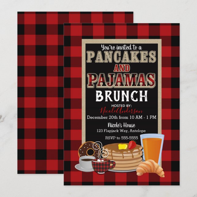 Convite Brunch de Panquecas e Pijamas Plaid Buffalo Vermel (Frente/Verso)
