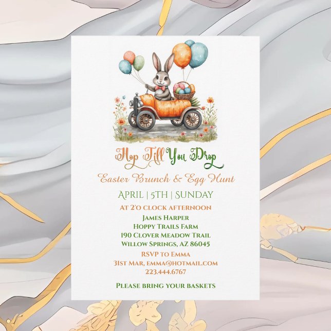 Convite Brunch de Páscoa & Caça aos Ovos | Coelho da Prima (Easter Brunch & Egg Hunt | Spring Bunny Carrot Car Invitation)