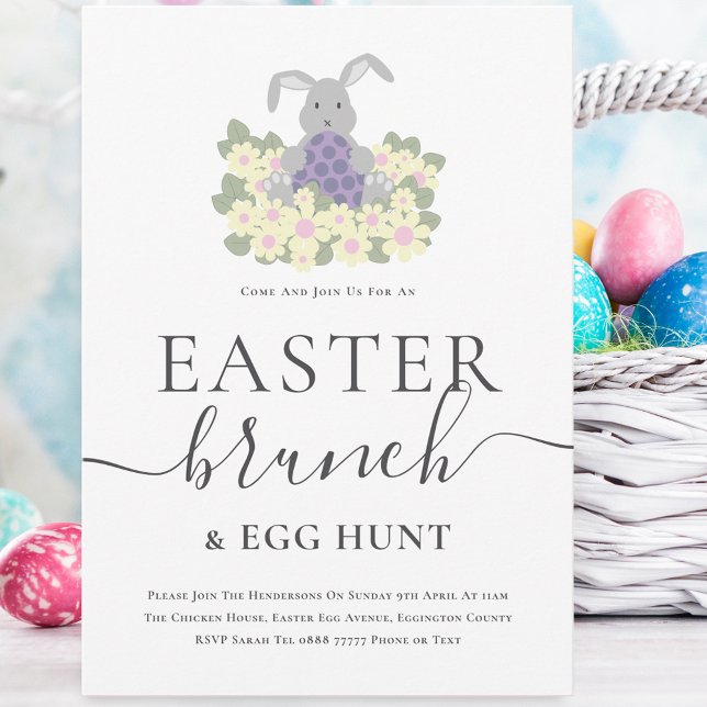 Convite Brunch de Páscoa e Caça ao Ovo Coelhinho Fofo (Cute easter bunny egg hunt and brunch spring party invitation )