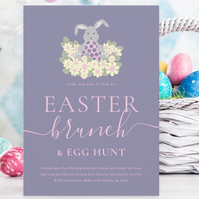 Convite Brunch de Páscoa e Caça aos Ovos (Cute easter bunny egg hunt and brunch spring party purple pink invitation )