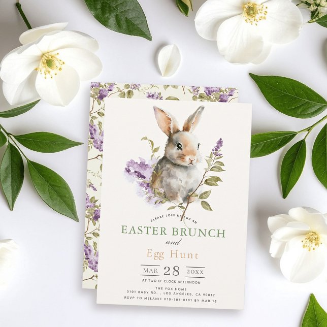 Convite Brunch de Páscoa Floral Lilás Roxo Bunny (Criador carregado)