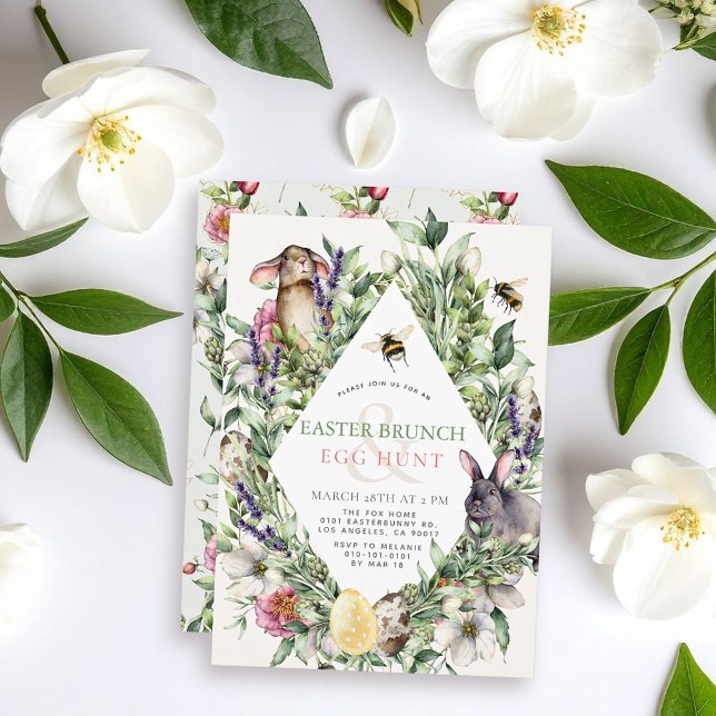Convite Brunch de Páscoa Rhombus Bunny & Bee Greenery (Criador carregado)