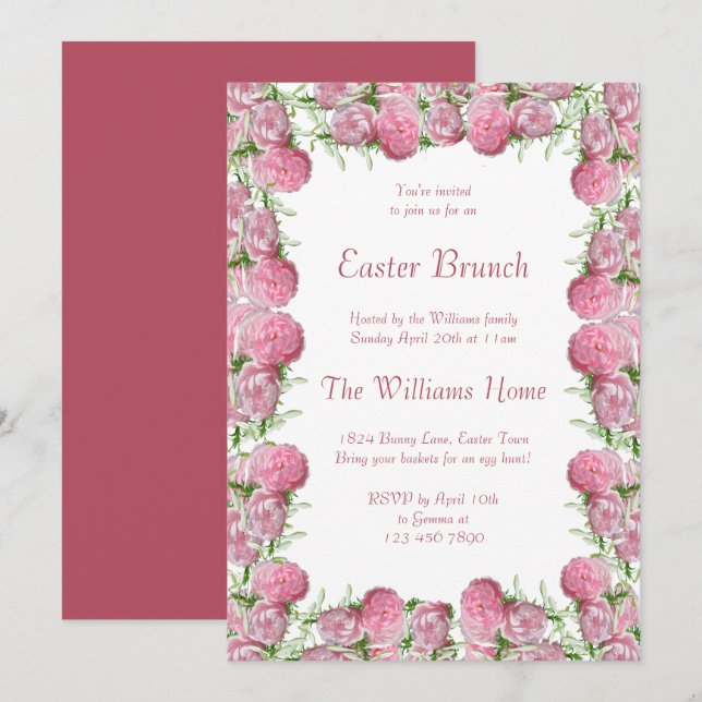 Convite Brunch de Páscoa Romântico com Moldura Floral Rosa (Frente/Verso)