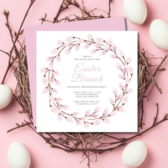 Convite Brunch de Páscoa Selvagem Rosa-Rosa Elegante (Cute Pink Pussy Willow Easter Brunch Invitation)