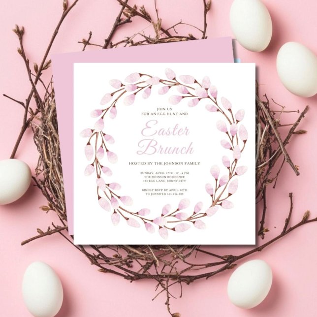 Convite Brunch de Páscoa Selvagem Rosa-Rosa Elegante (Cute Pink Pussy Willow Easter Brunch Invitation)