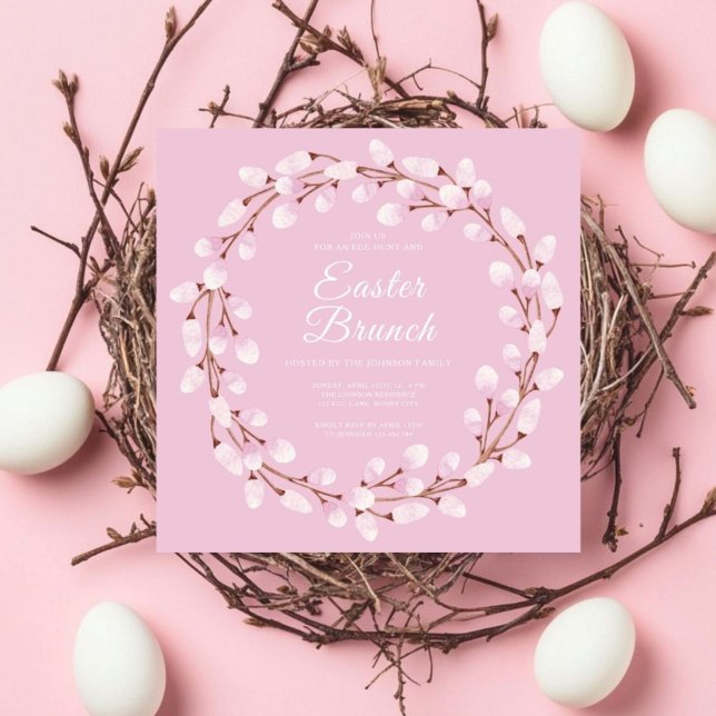 Convite Brunch de Páscoa Selvagem, Rosa-Rosa-Gelado, (Cute Pink Pussy Willow Easter Brunch Invitation)