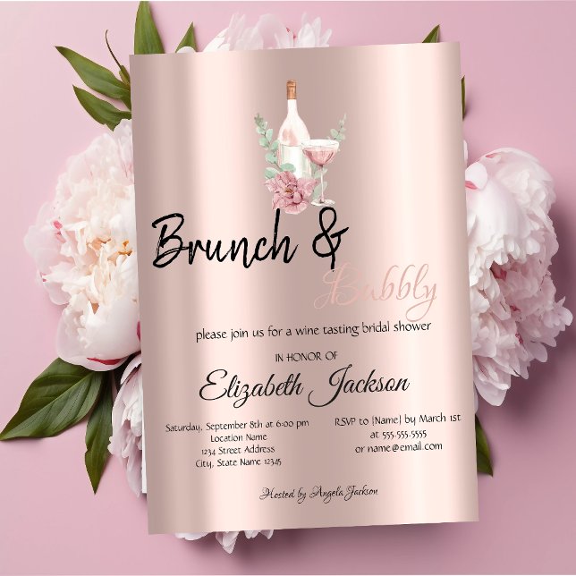 Convite Brunch de Vinho Floral & Rosé Dourado Bubbly (Criador carregado)