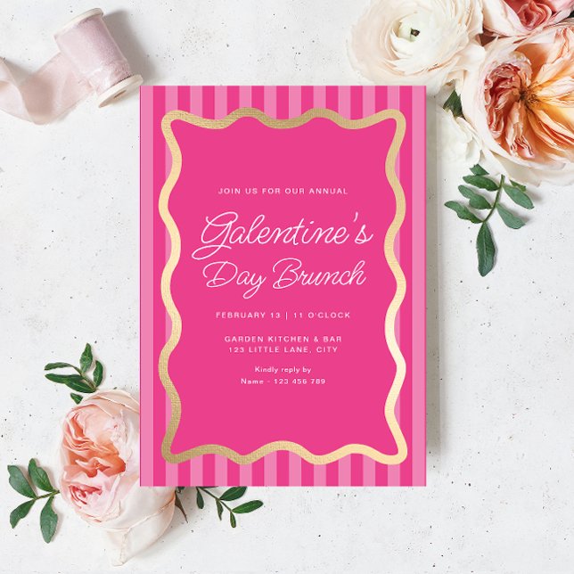 Convite Brunch do Dia da Galentina Rosa Quente-Rosa-Rosa-R (Galentines Brunch Invitation Hot Pink Stripe)