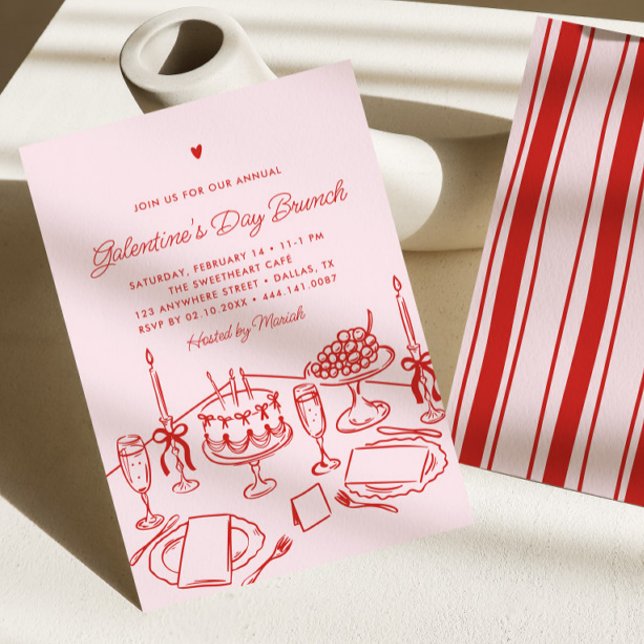Convite Brunch do Dia das Galentinas com Coração Rosa e Ve (Criador carregado)