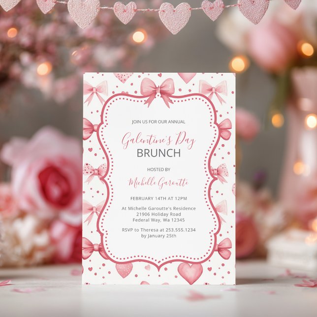 Convite Brunch do Dia das Galentinas com Laços Rosa e Cora (Galentine’s Day Pink Bows & Hearts Brunch Invitation)