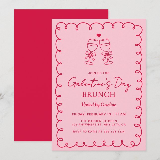 Convite Brunch do Dia das Galentinas Rosa e Vermelho Desen (Frente/Verso)
