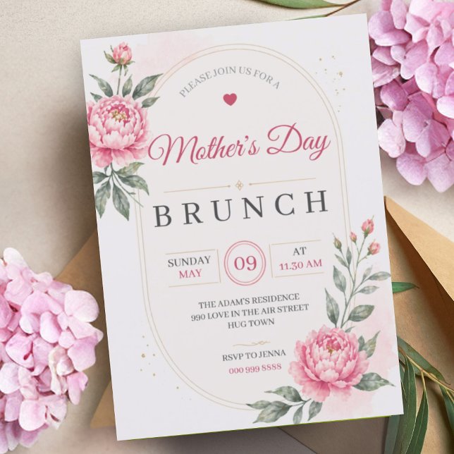 Convite Brunch do Dia das Mães | Almoço Flores Rosa Floral (Mother's Day Brunch | Lunch Pink Flowers Floral Invitation)