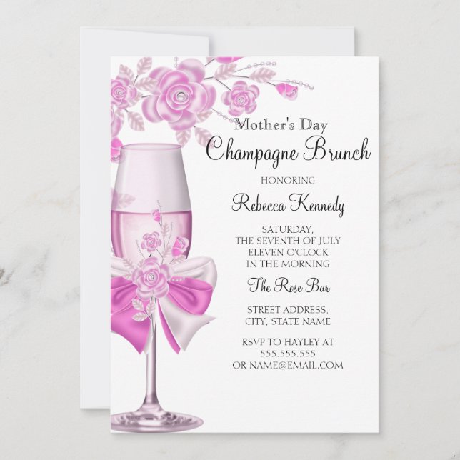 Convite Brunch do Dia das Mães Champanhe Rosa Bonito 2 (Frente)