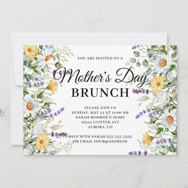 Convite Brunch do Dia das Mães com Aquarela de Flores Silv (Frente)