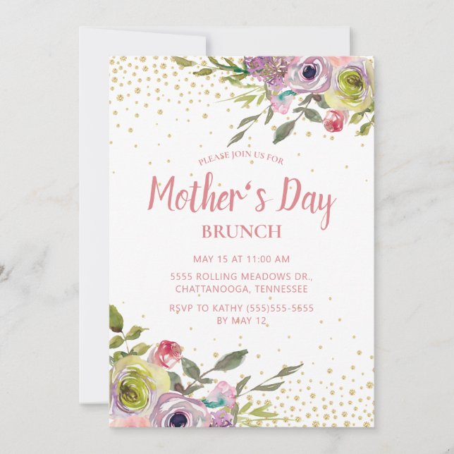 Convite Brunch do Dia das Mães com Brilho Dourado e Floral (Frente)